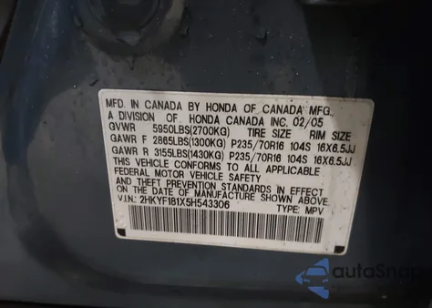 2005 Honda Pilot Lx from USA, damaged, VIN 2HKYF181X5H543306
